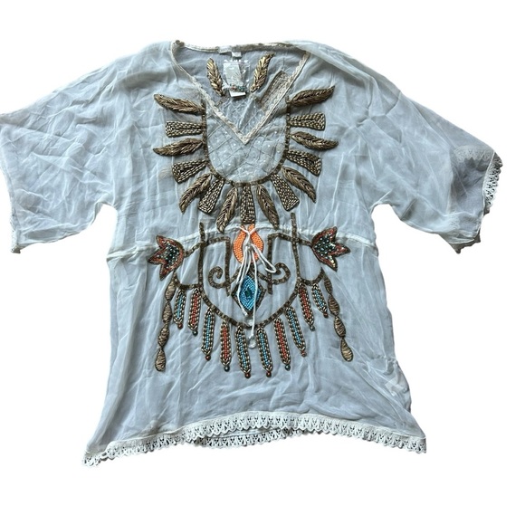 NWT Boston Proper Sunburst Tunic white sheer beaded coverup top size XL swim - Picture 3 of 11